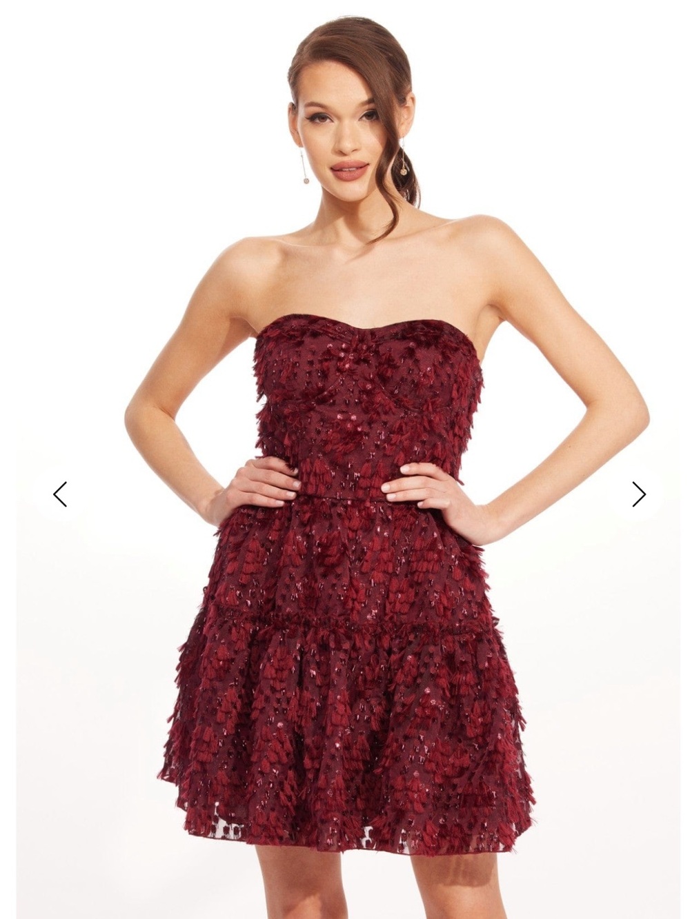 Eva Franco Strapless Wine-Red Sequin Petal Dress